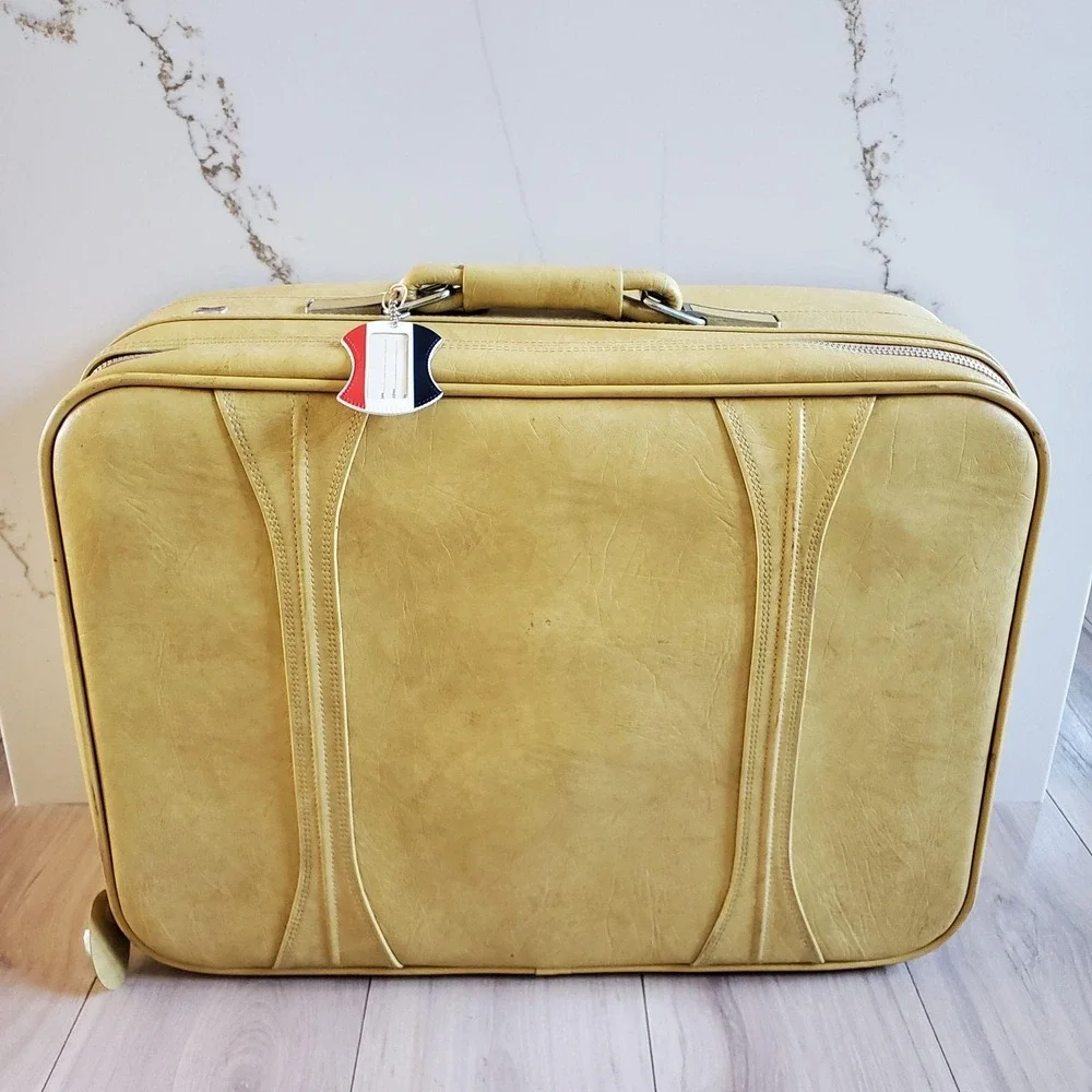 Vintage American Tourister Yellow Vinyl 2 Piece Soft Luggage Set Suitcases 1970s